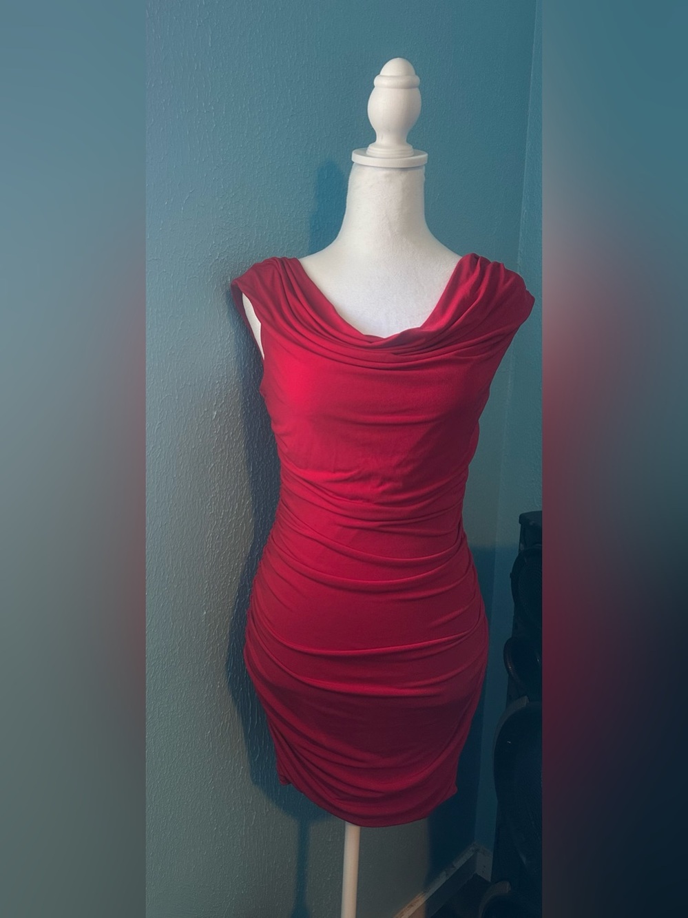 Red Draped Sleeveless Ruched Sheath Dress